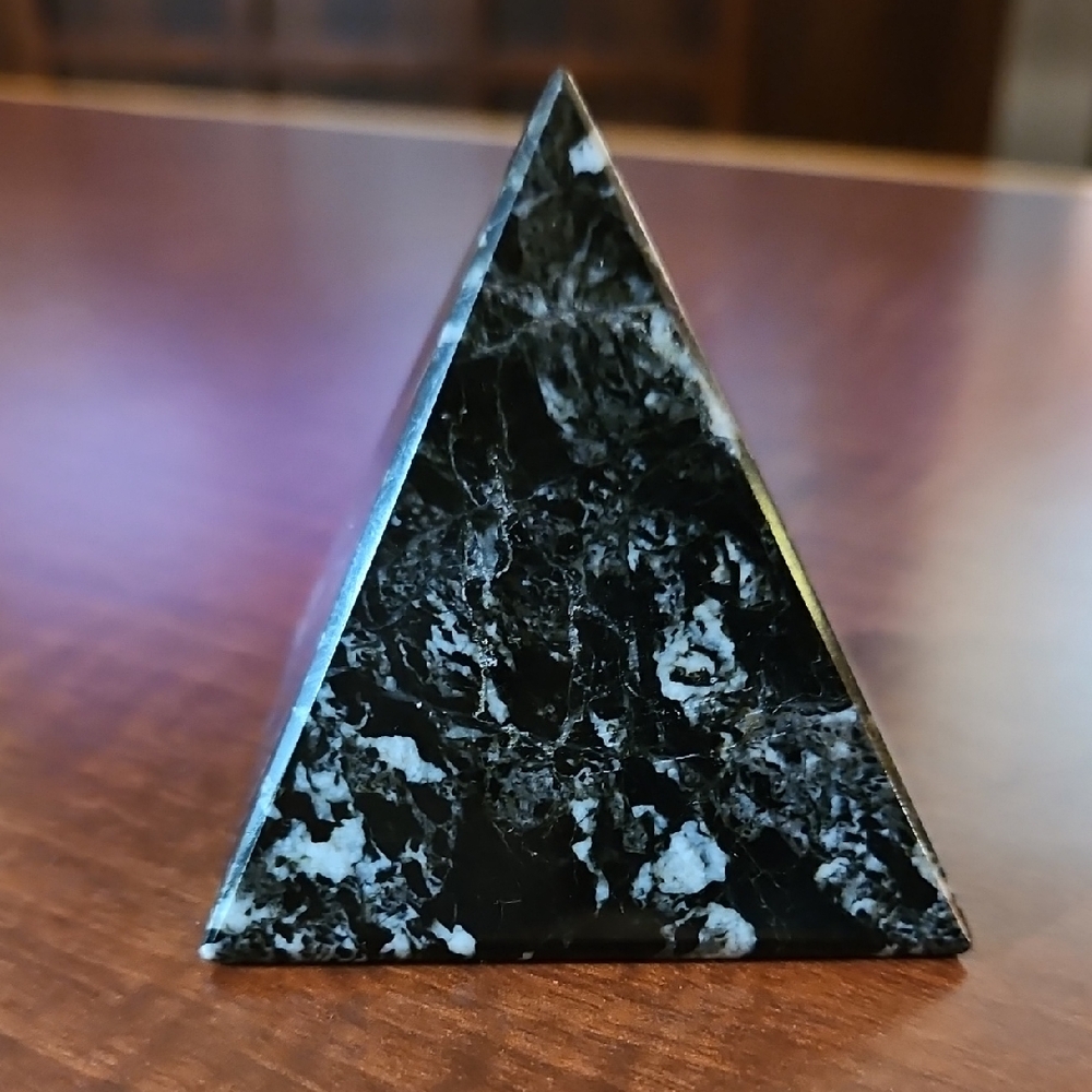 Polished Black & White Marbled Pyramid Paperweight Home Decor